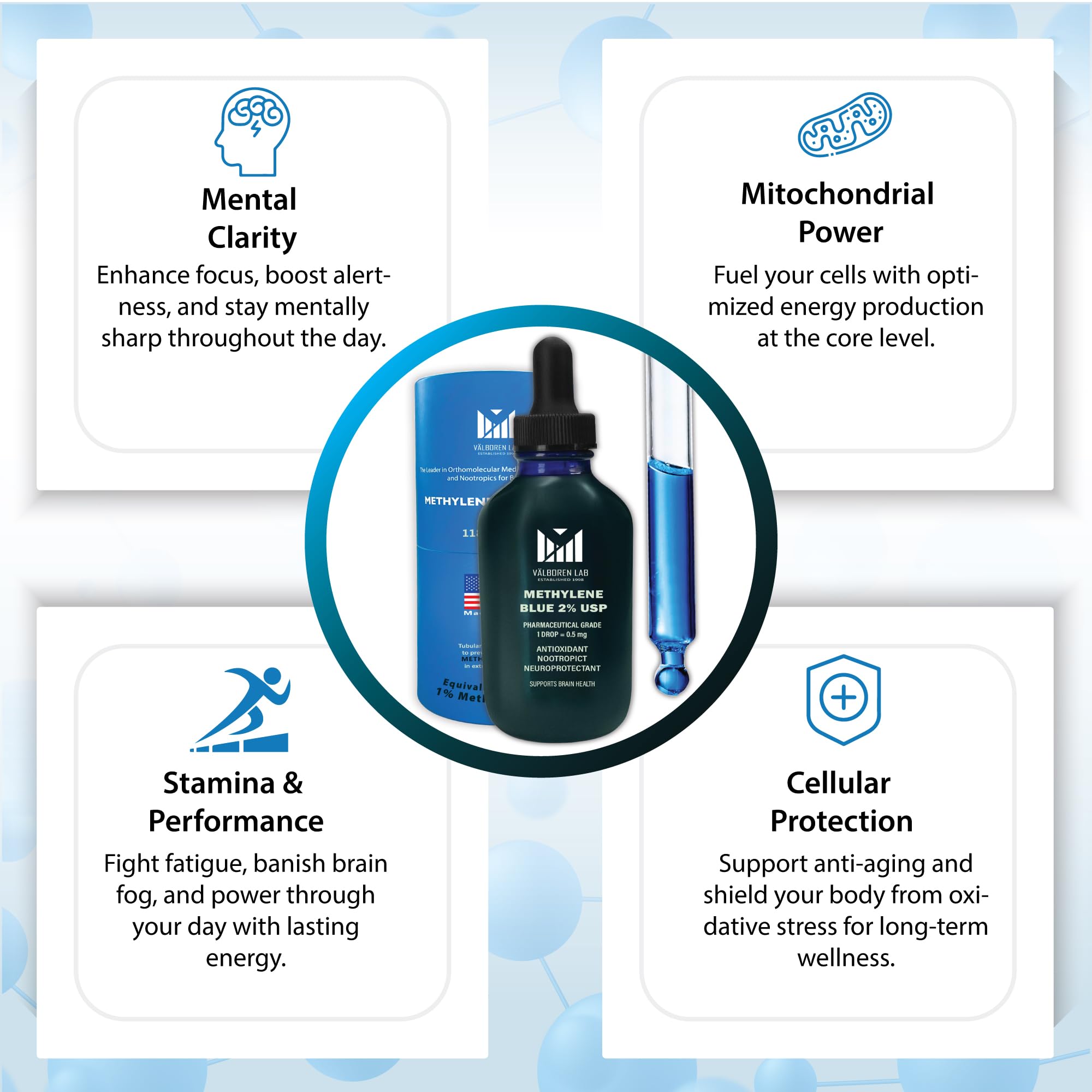 Valboren Labs USP-grade methylene blue label emphasizes purity and quality.