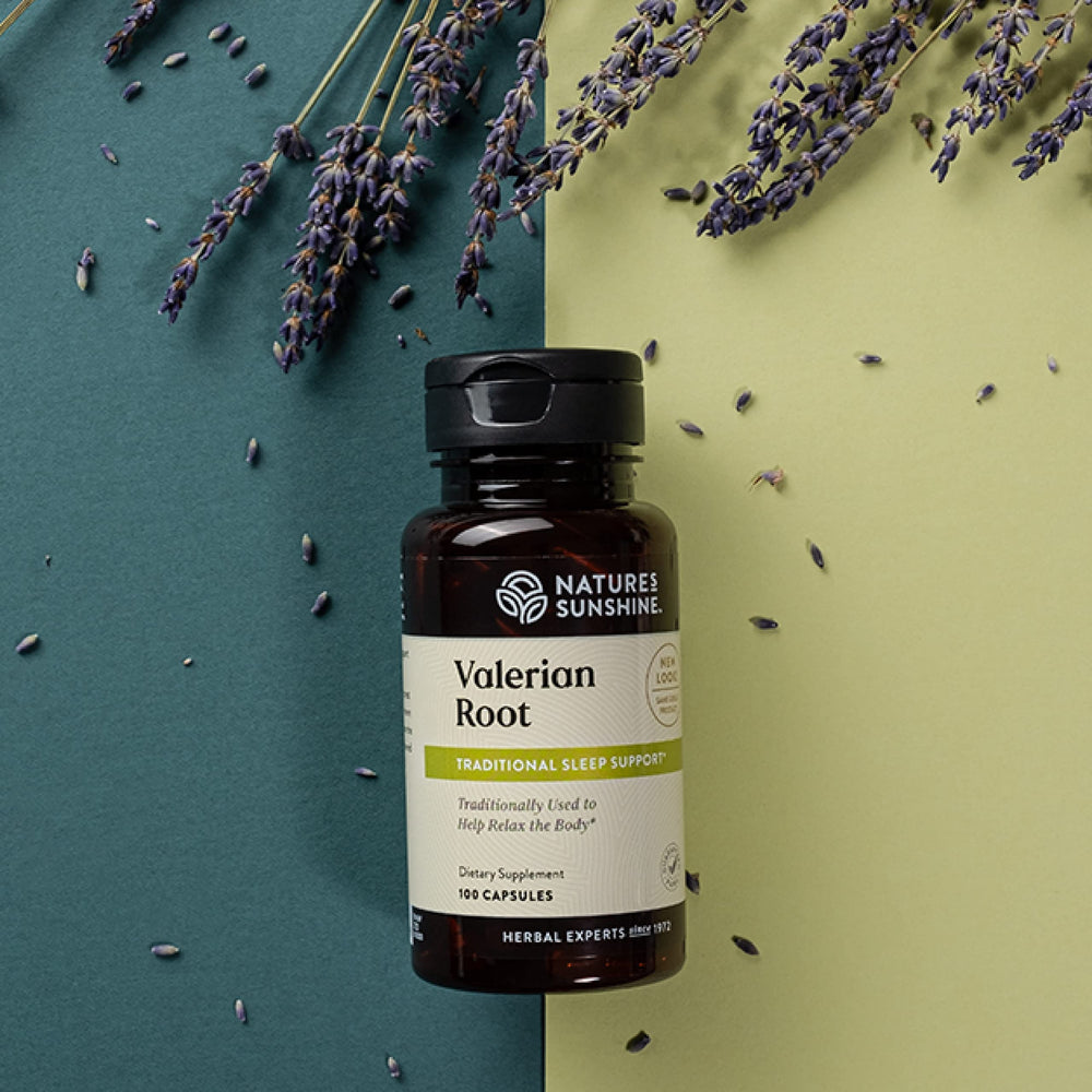 Nature's Sunshine Valerian Root capsules label front promoting relaxation.