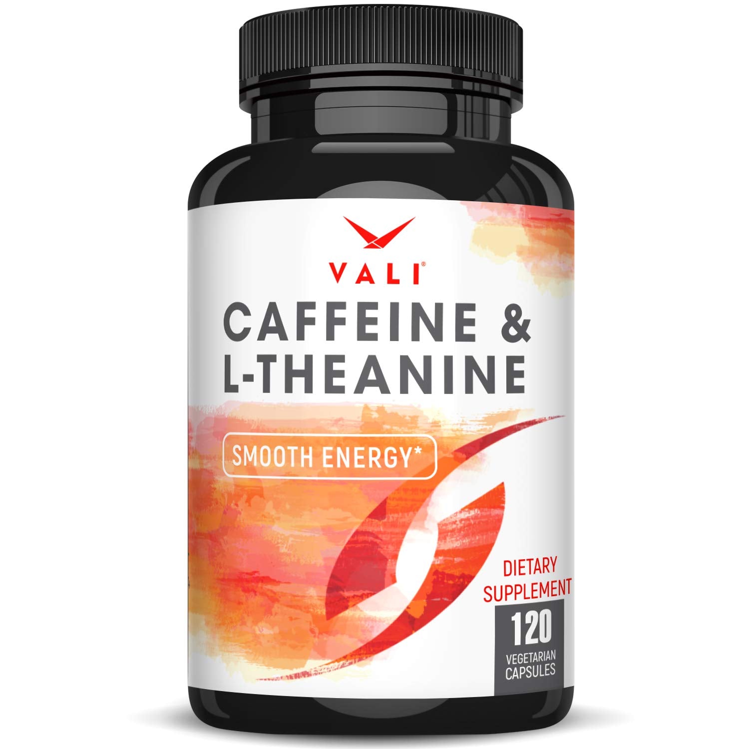 VALI caffeine and L-Theanine bottle front showing focused energy details