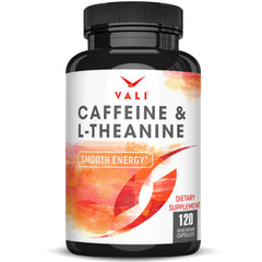 VALI caffeine and L-Theanine bottle front showing focused energy details