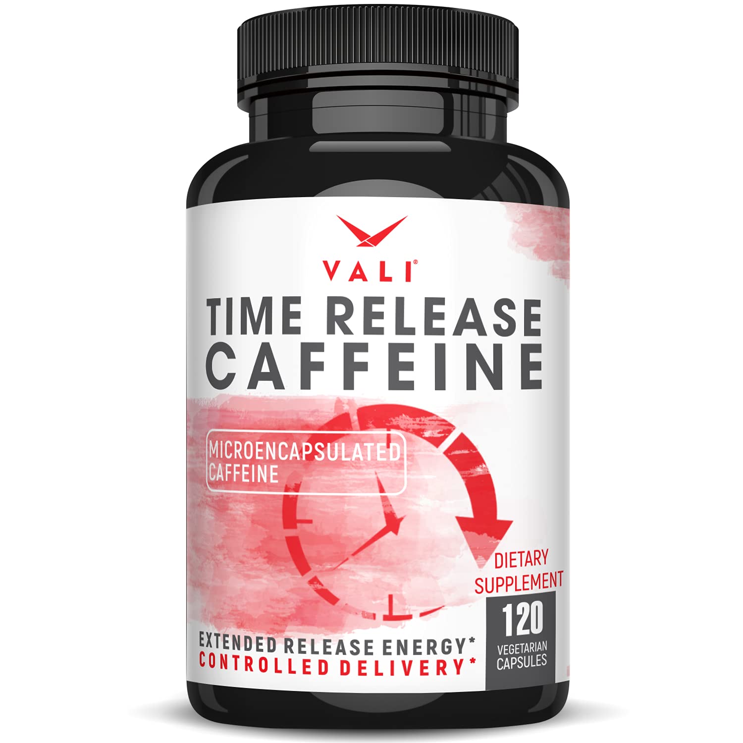 VALI Time Release Caffeine bottle close-up showing extended energy potential