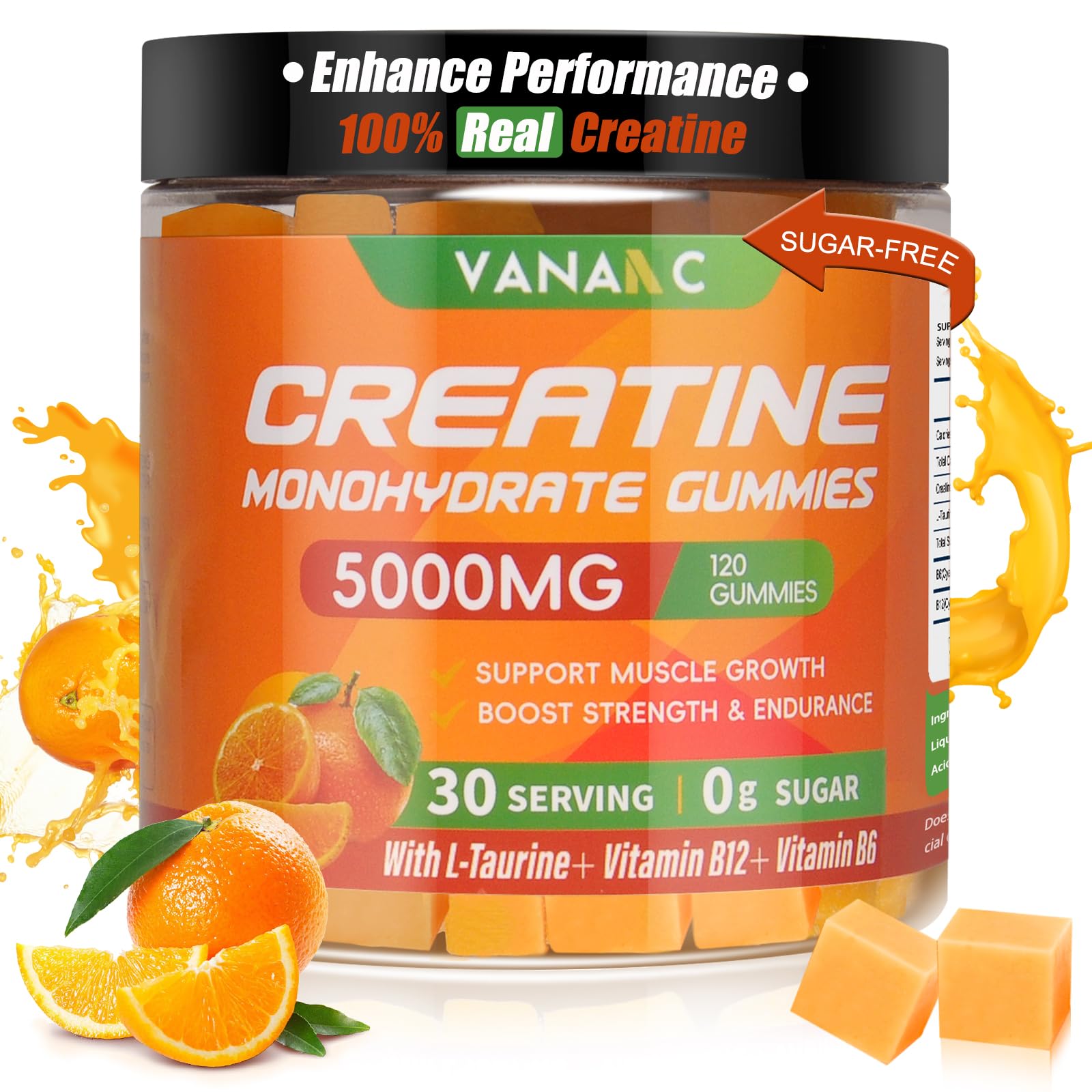 Vananc Creatine Monohydrate Gummies pack shot showing 5000 mg per serving for workouts.