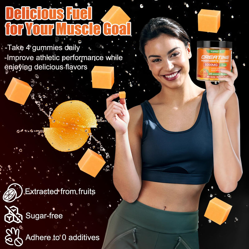 Vananc Creatine serving size image communicates four gummies per five gram dose.
