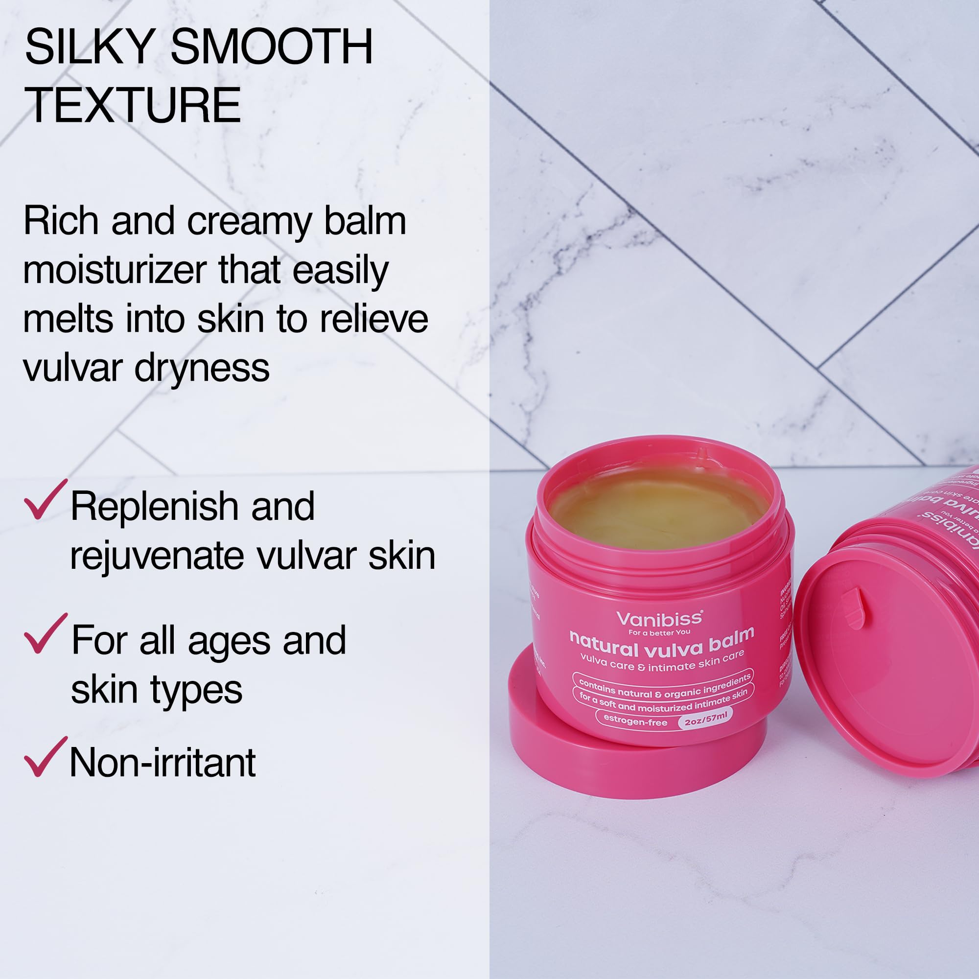 Vanibiss Natural Vulva Balm application swatch; easy-to-dispense formula for daily use.
