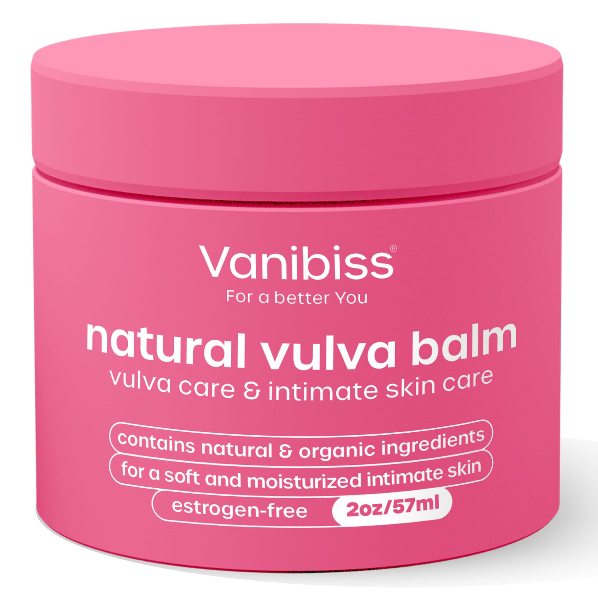 Vanibiss Vulva Balm jar close-up; creamy texture ideal for sensitive skin care.