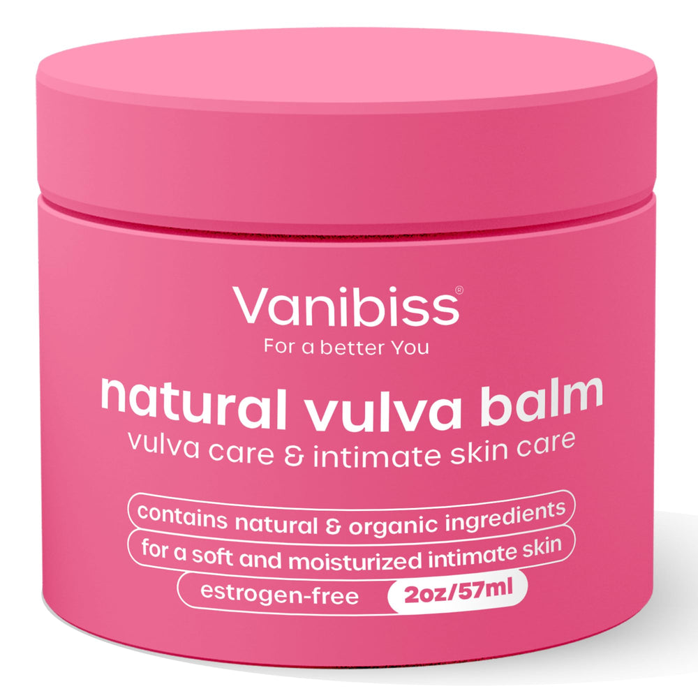 Vanibiss Vulva Balm jar close-up; creamy texture ideal for sensitive skin care.