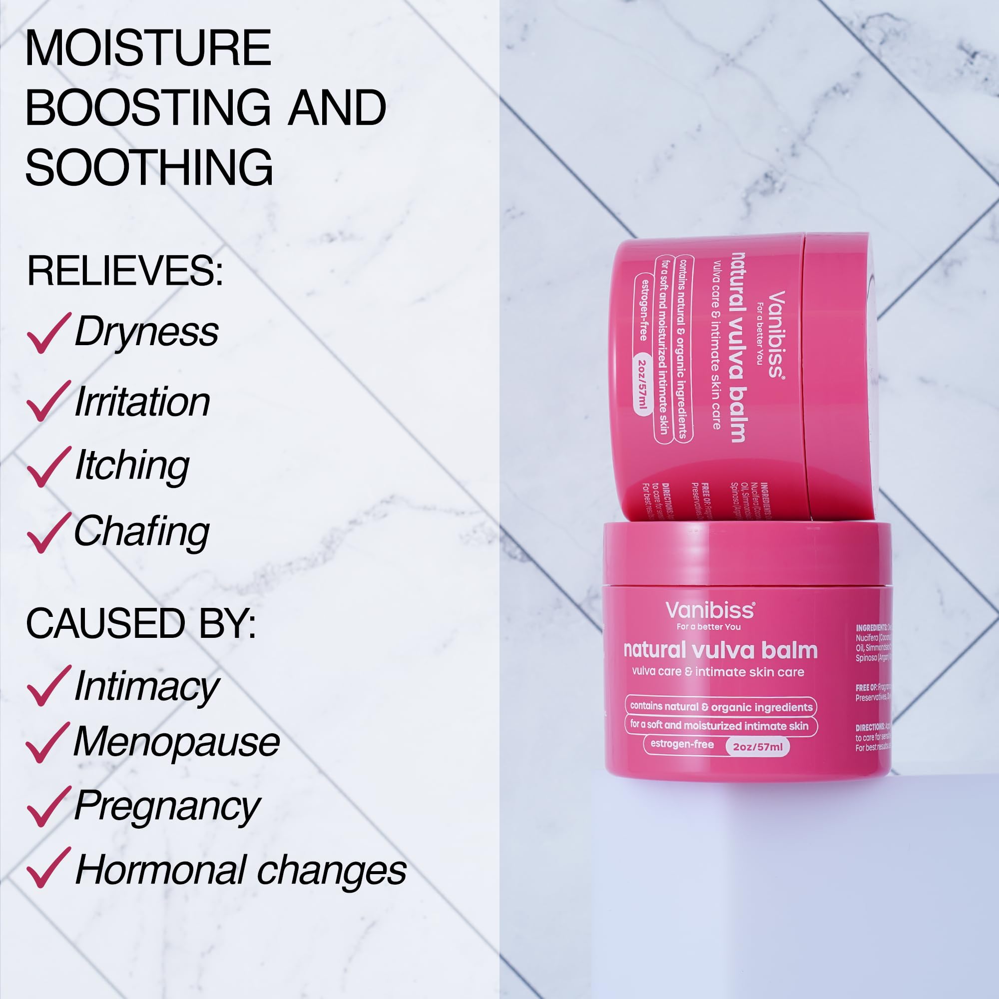 Vanibiss balm packaging box; clean, estrogen-free care you can trust.