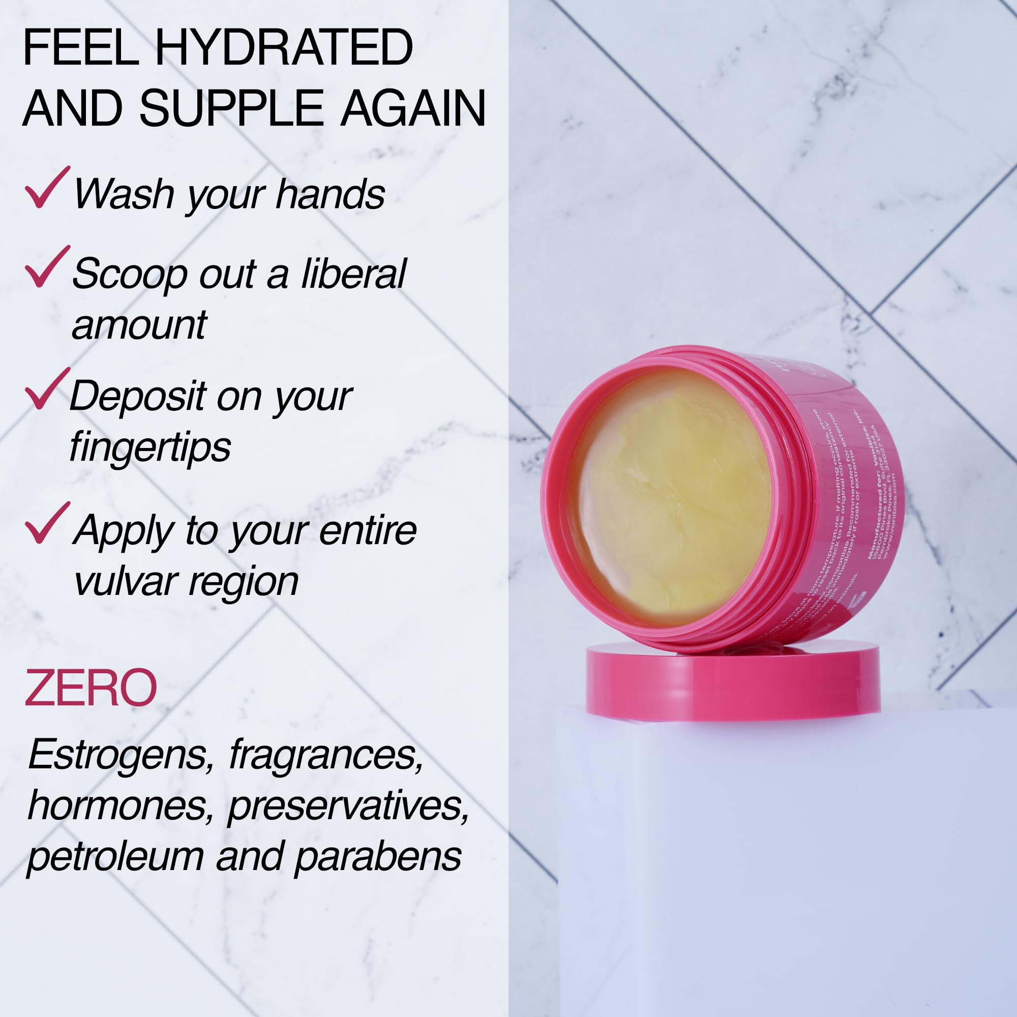 Vanibiss Natural Vulva Balm texture detail; creamy, non-greasy finish.