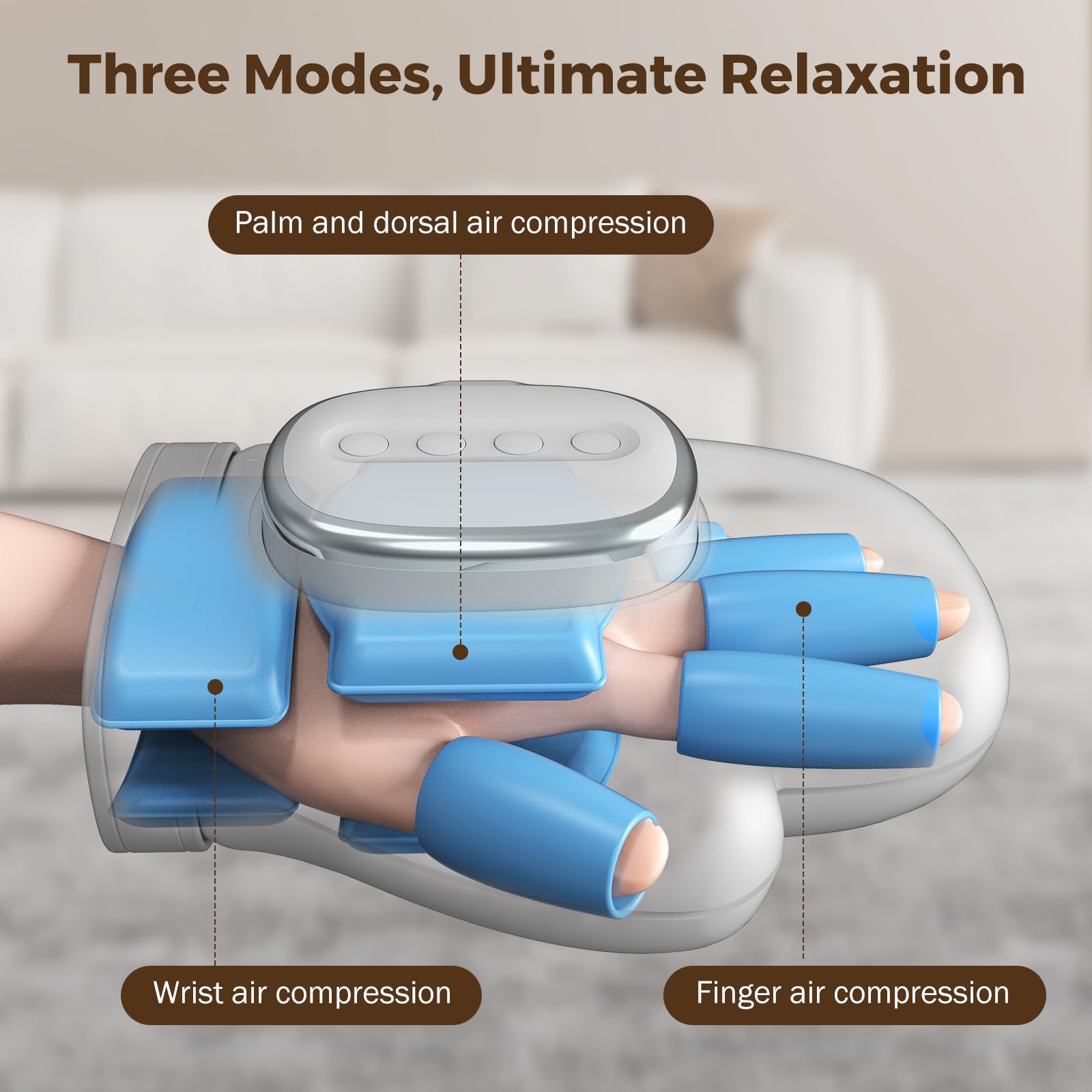 VARIPOWDER hand massager with 14 airbags targets fingers and palms for targeted massage.