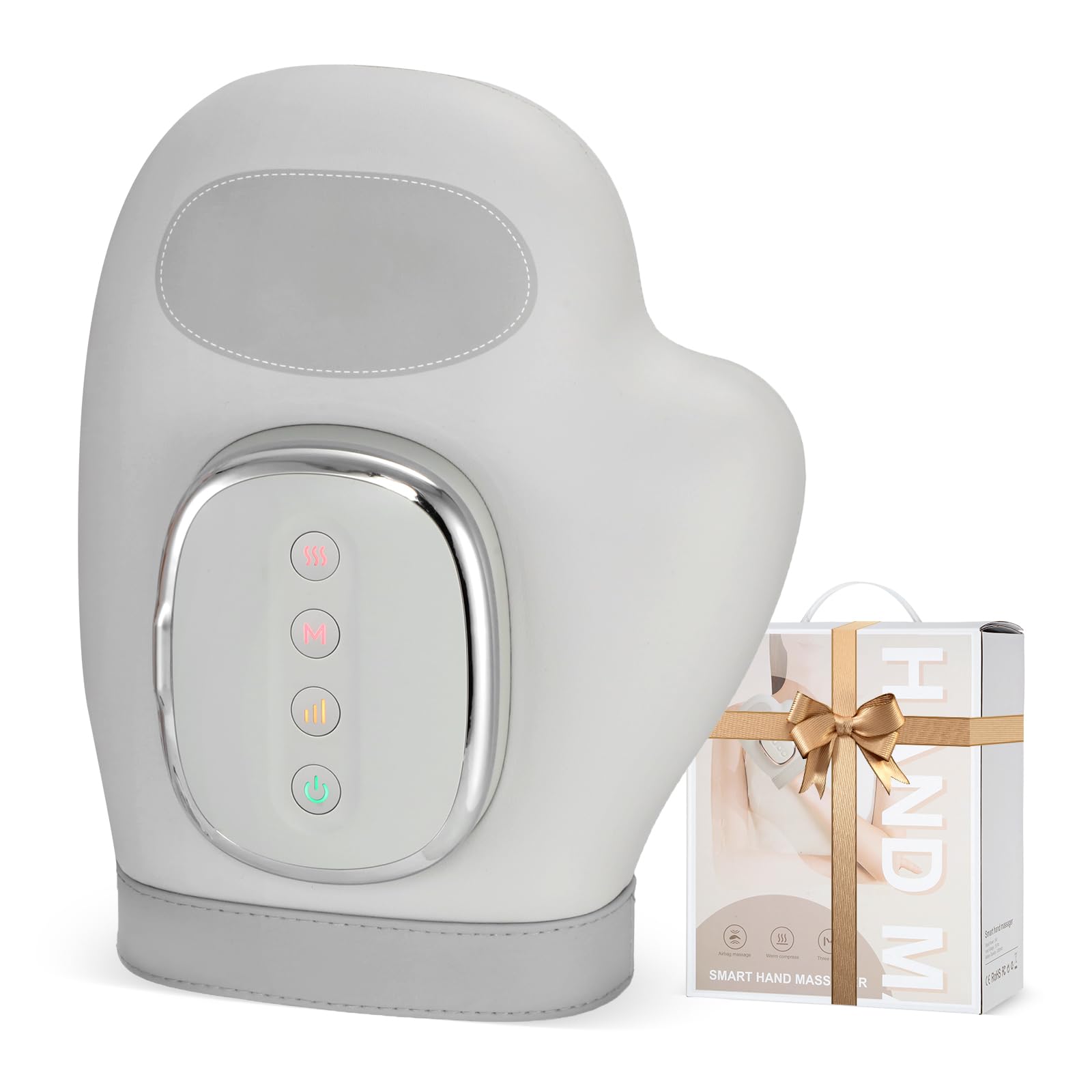 VARIPOWDER hand massager with heat and compression, ergonomic outer view for soothing hand fatigue.