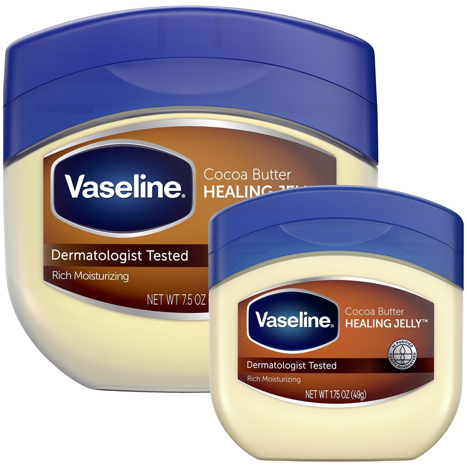 Vaseline Cocoa Butter Healing Jelly packaging with two jar sizes for home use.