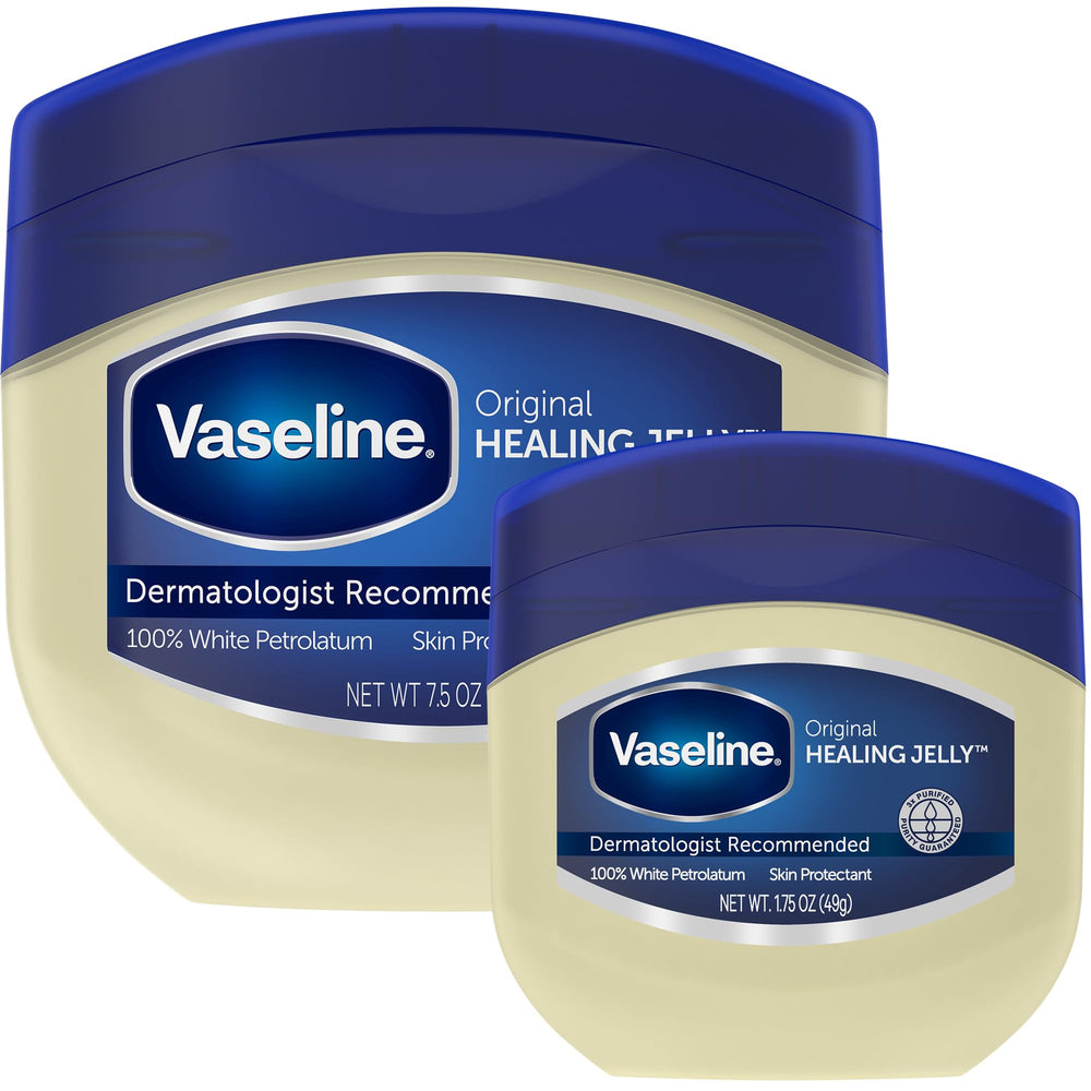 Vaseline Original Petroleum Jelly jar offers protective barrier for dry skin.