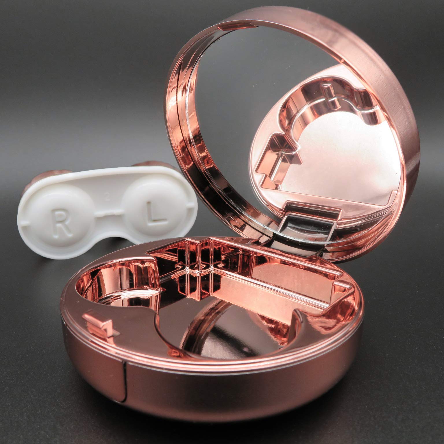 Estuche Vastsoon para lentes rosa dorado visto por dentro abierto.