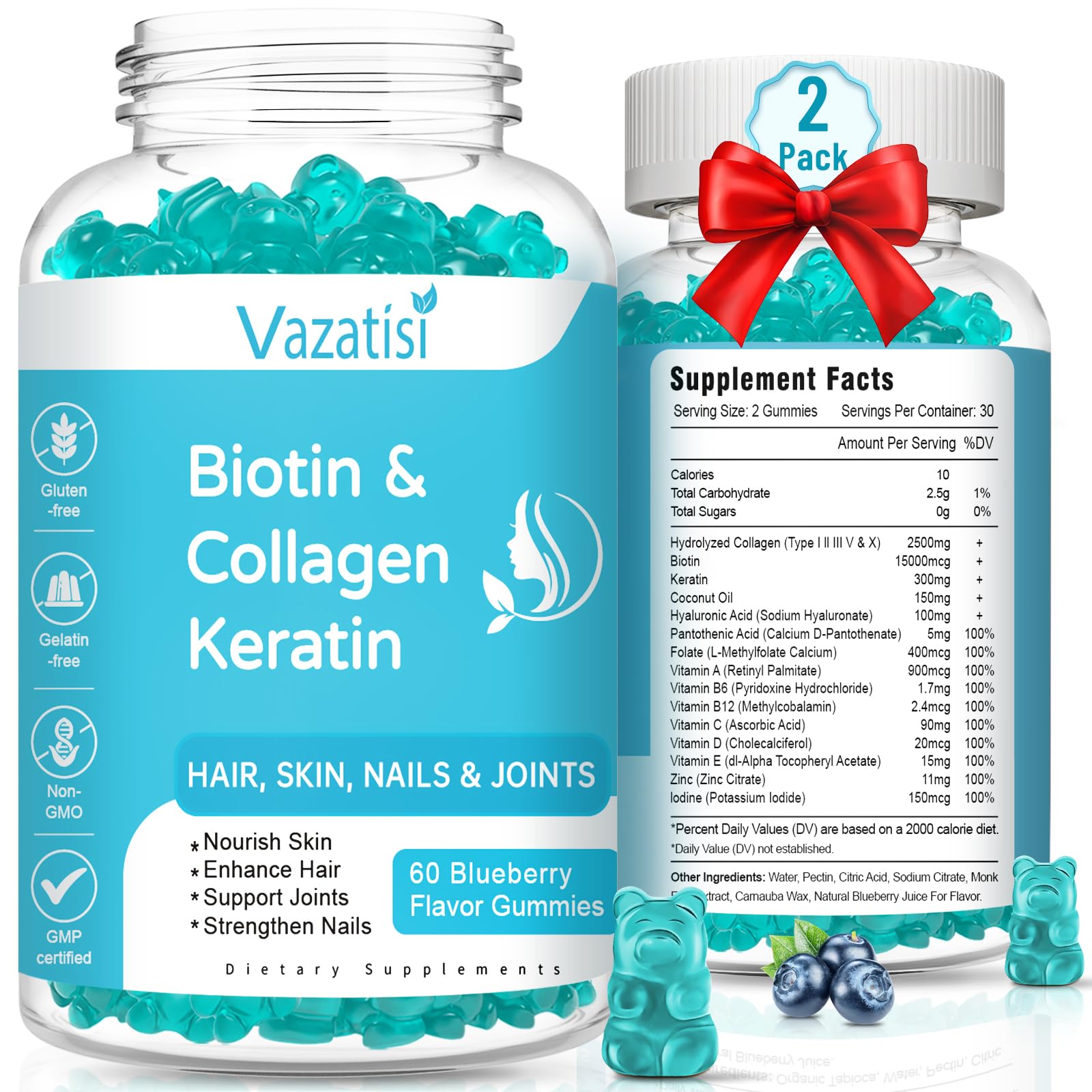 Vazatisi biotin gummies bottle front with collagen and keratin for hair support