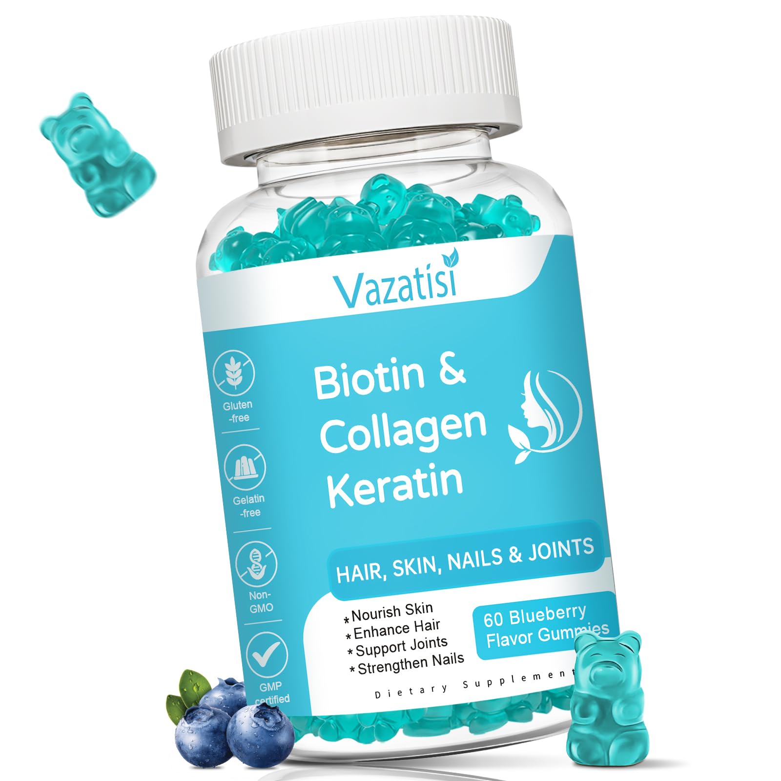 Vazatisi Biotin Gummies bottle for easy daily use supporting hair, skin, and nails
