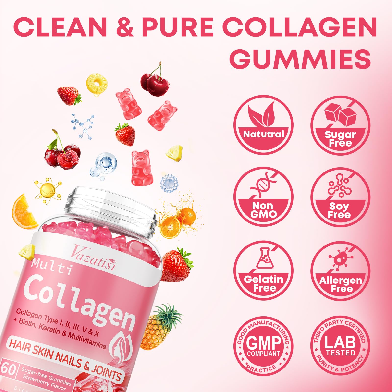 Vazatisi collagen gummies ingredient panel featuring biotin and vitamin C.