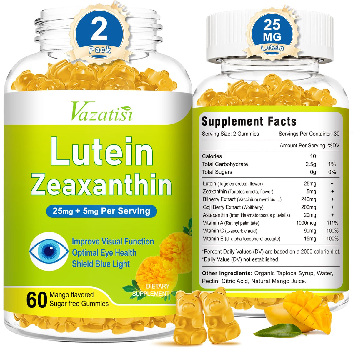Vazatisi Eye Vitamins bottle front showing mango flavor for daily eye support