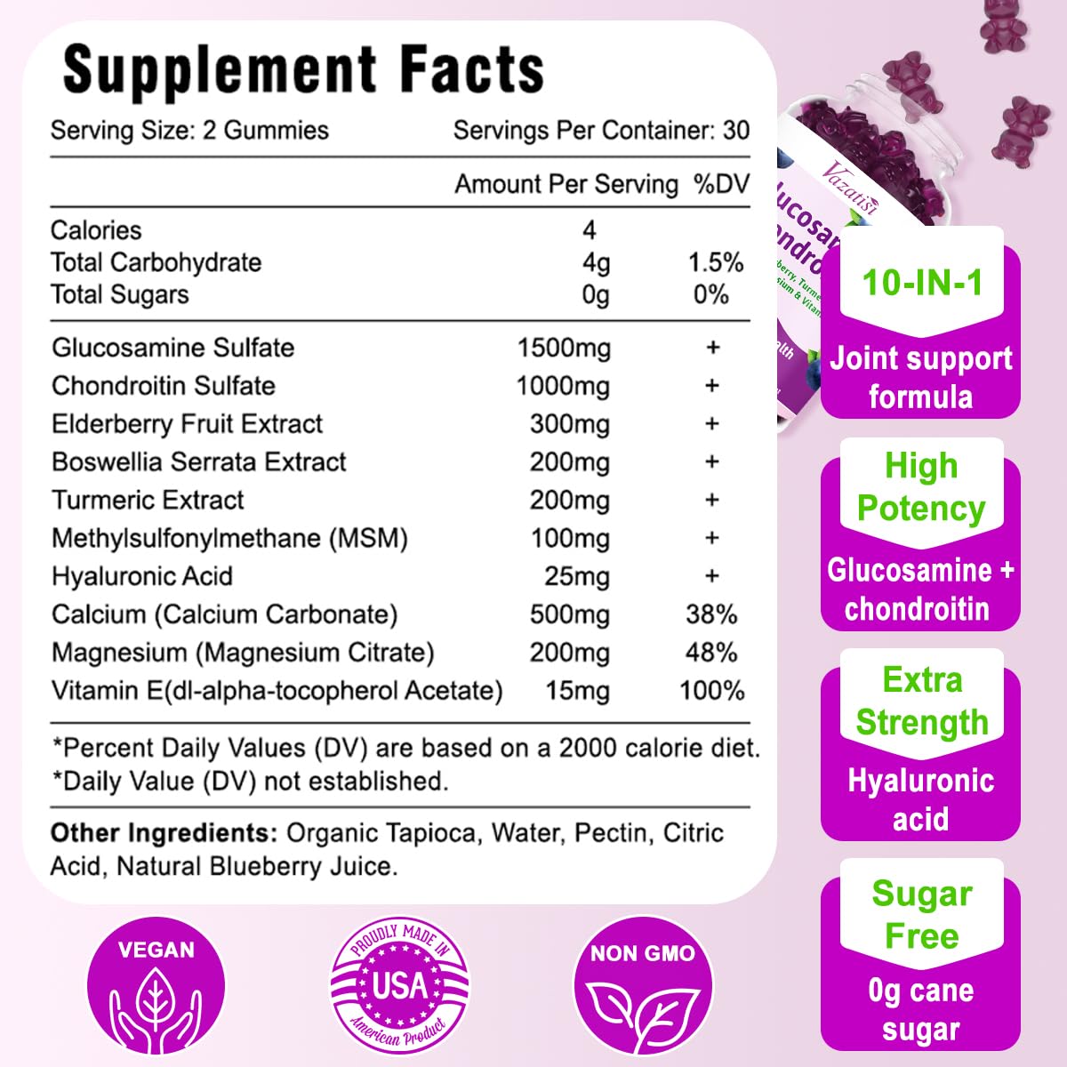 Vazatisi bottle back label shows ingredients and usage for joint care