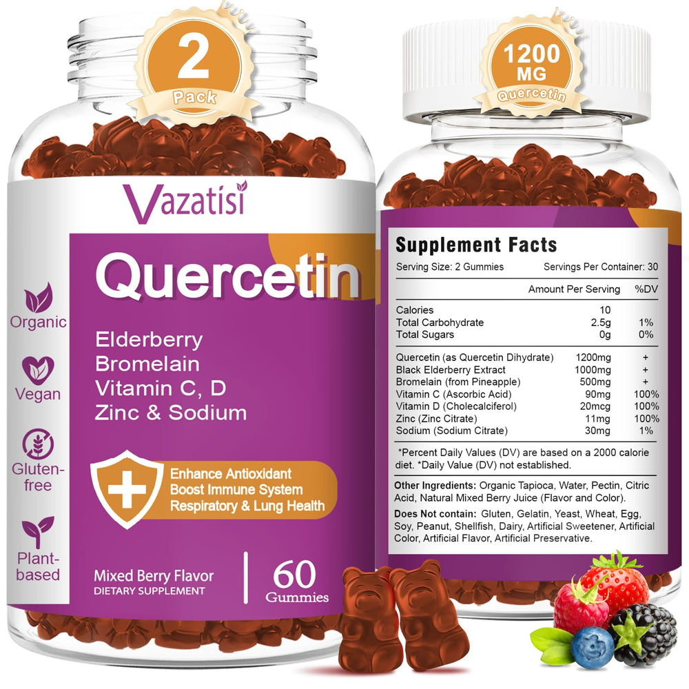 Vazatisi Quercetin Gummies bottle front with mixed berry flavor for daily wellness