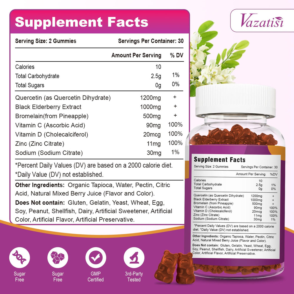 Vazatisi Quercetin Gummies label highlights 7‑in‑1 blend for immune support