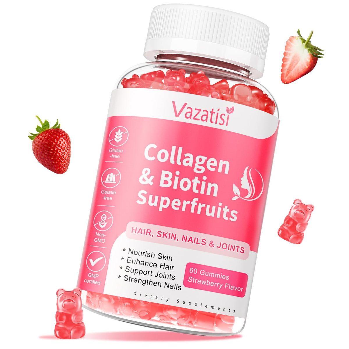 Vazatisi sugar-free collagen gummies strawberry bottle for daily wellness