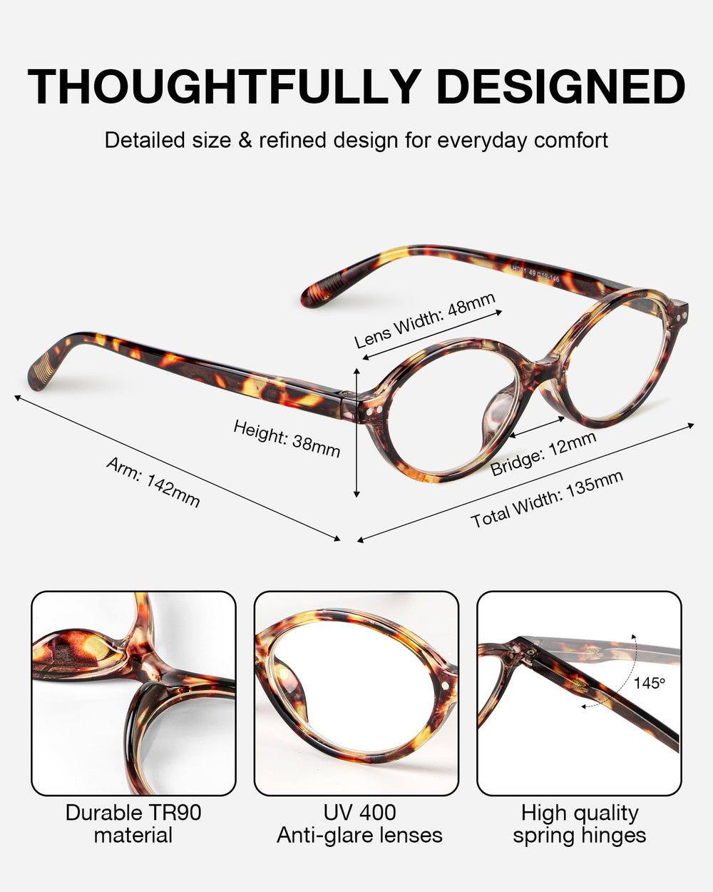 Vbewo TR90 oval frame is lightweight and durable