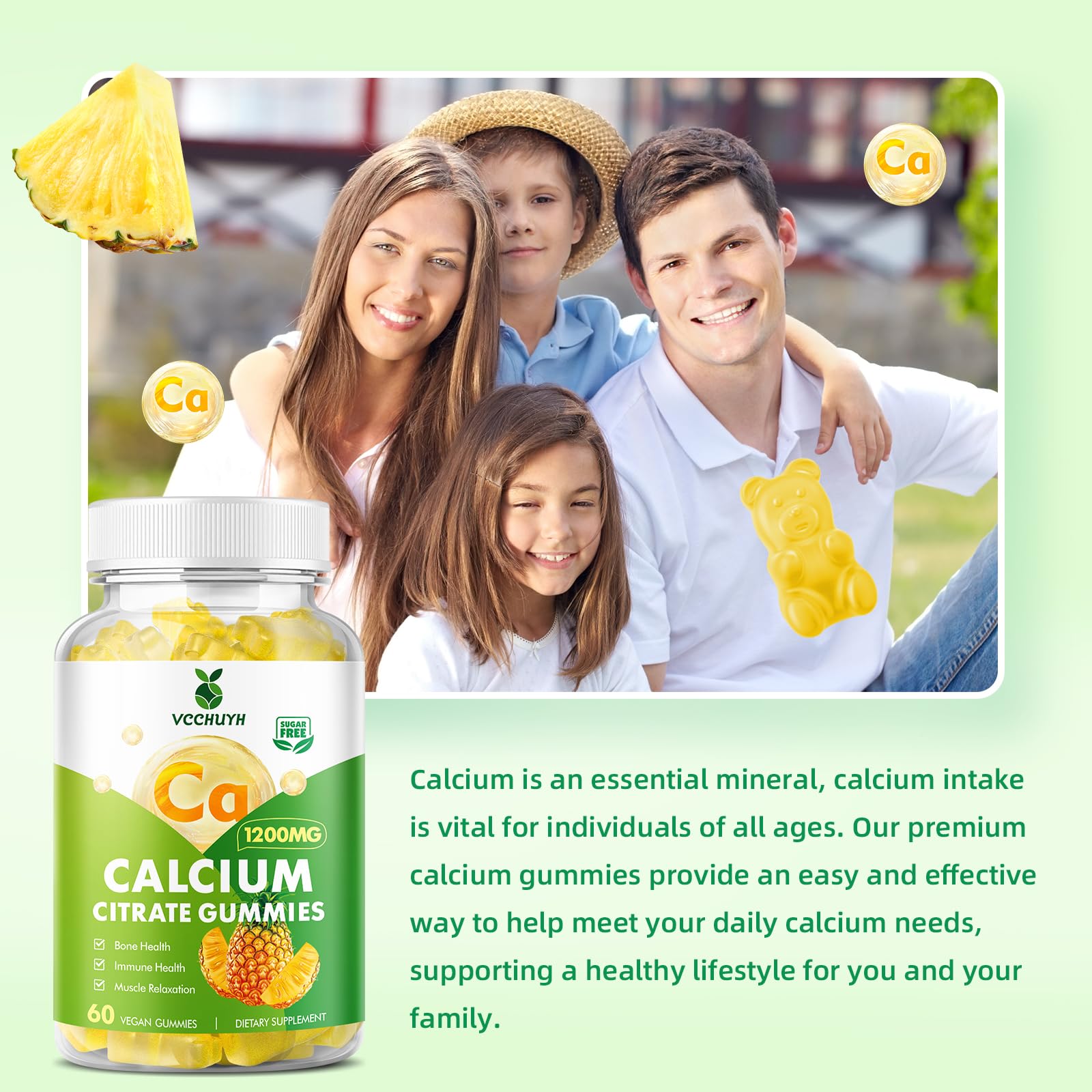 VCCHUYH bottle open reveals 60-count calcium gummies for simple daily use.