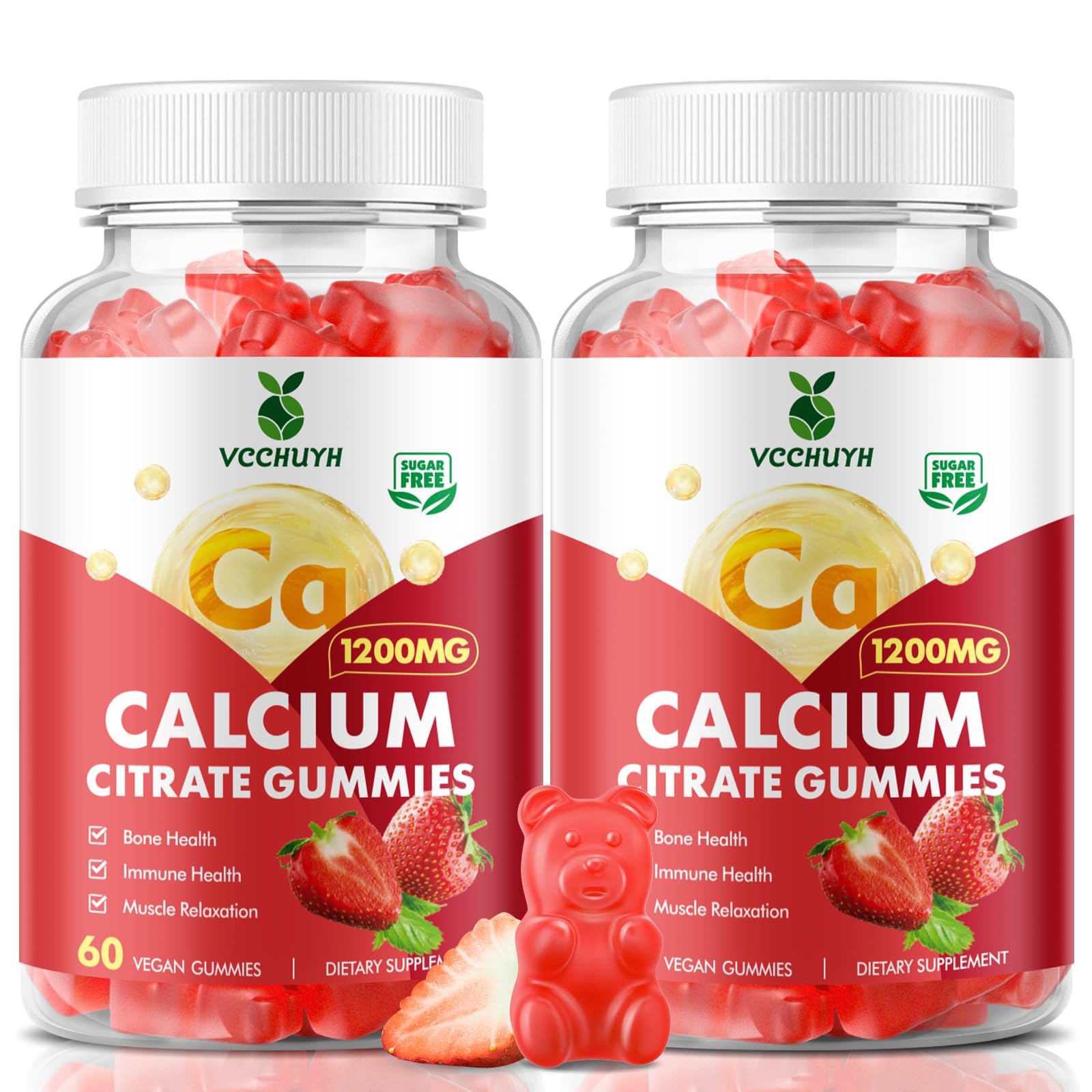 VCCHUYH Calcium Citrate Gummies bottle front showing sugar-free strawberry flavor for bone support