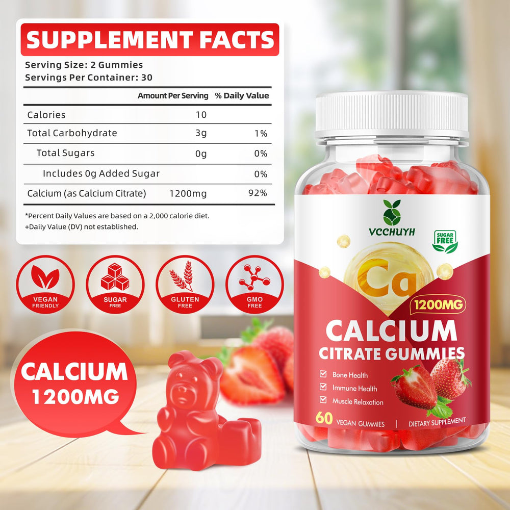 VCCHUYH Calcium Citrate Gummies ingredients list highlights vegan and gluten-free formula