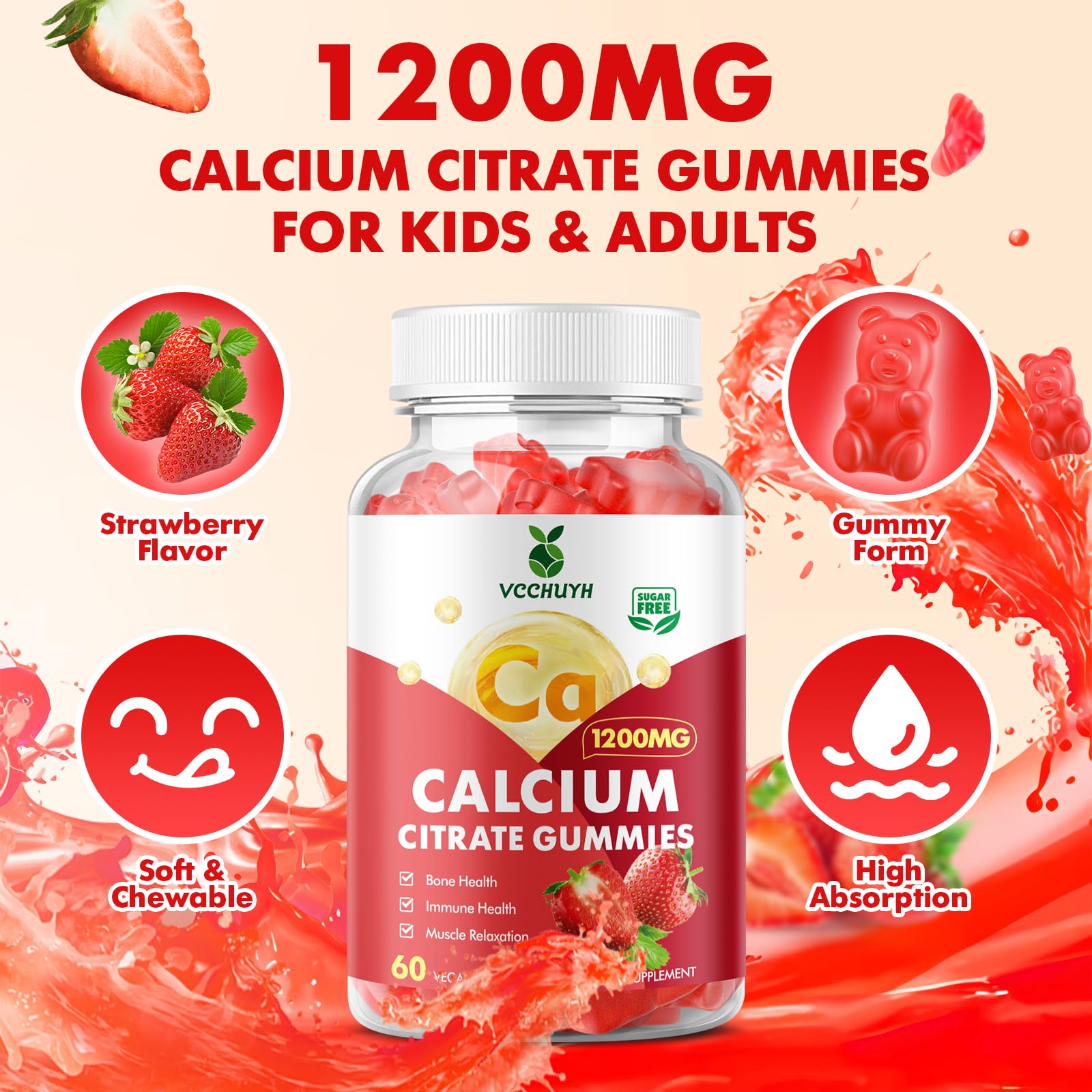 VCCHUYH Calcium Citrate Gummies daily use with water shown for routine intake