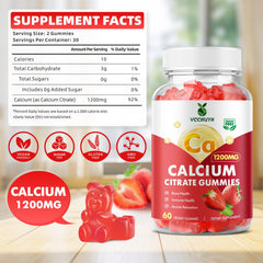 VCCHUYH strawberry flavor gummies label highlights 1200mg calcium and vegan ingredients