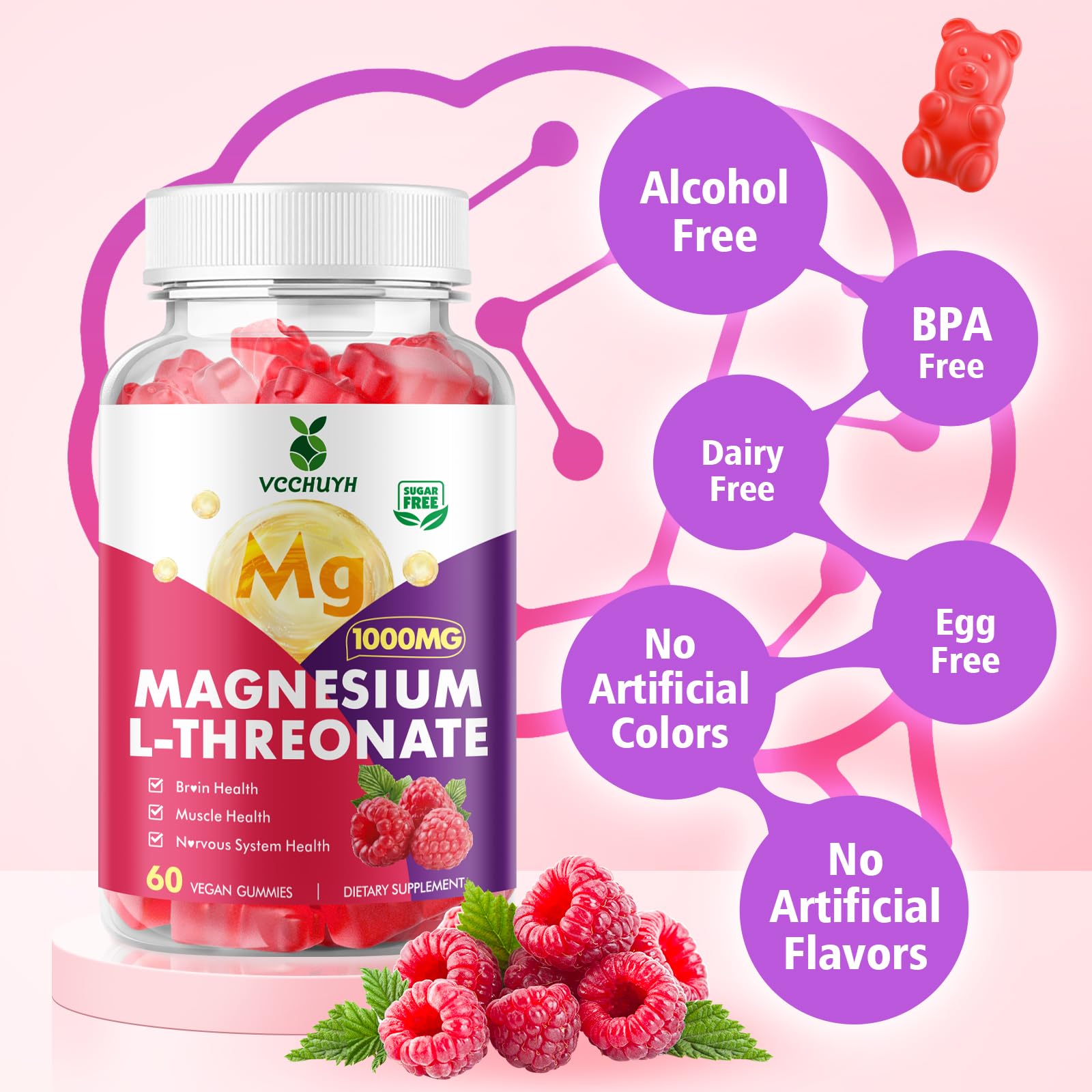 VCCHUYH Magnesium Threonate Gummies 1000mg per serving potent magnesium threonate in each bite.