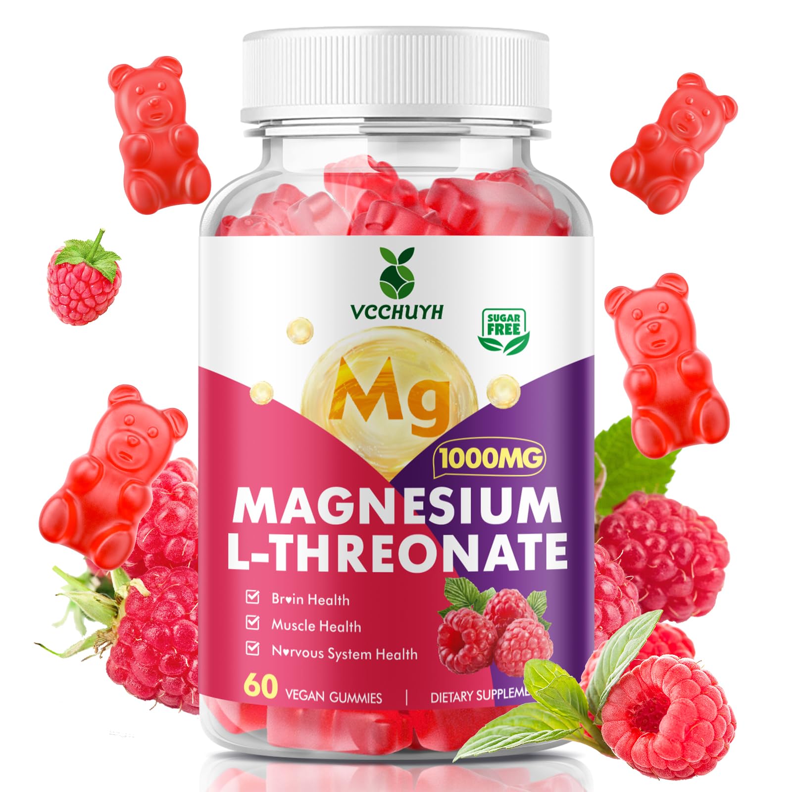 VCCHUYH Magnesium Threonate Gummies Raspberry bottle for convenient daily magnesium support for kids and adults.