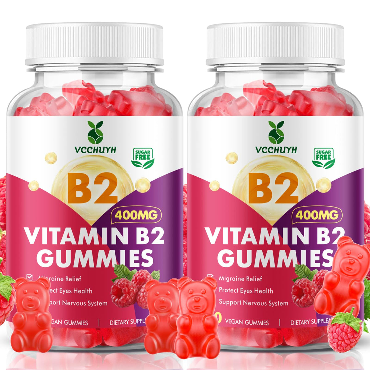 VCCHUYH Vitamin B2 Gummies Raspberry bottle close-up for daily energy support