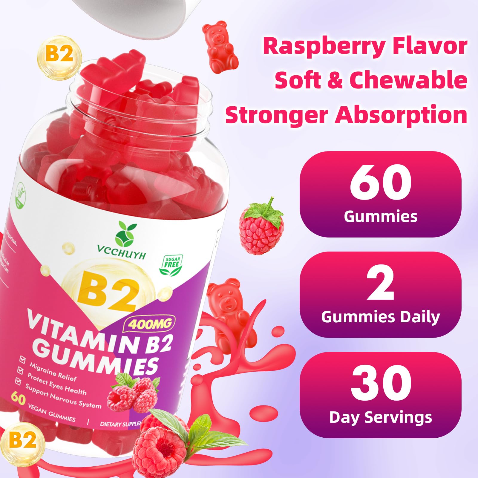 VCCHUYH Vitamin B2 Gummies Raspberry ingredients panel close-up