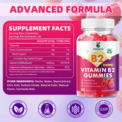 VCCHUYH Vitamin B2 Gummies Raspberry label close-up highlighting magnesium absorption support