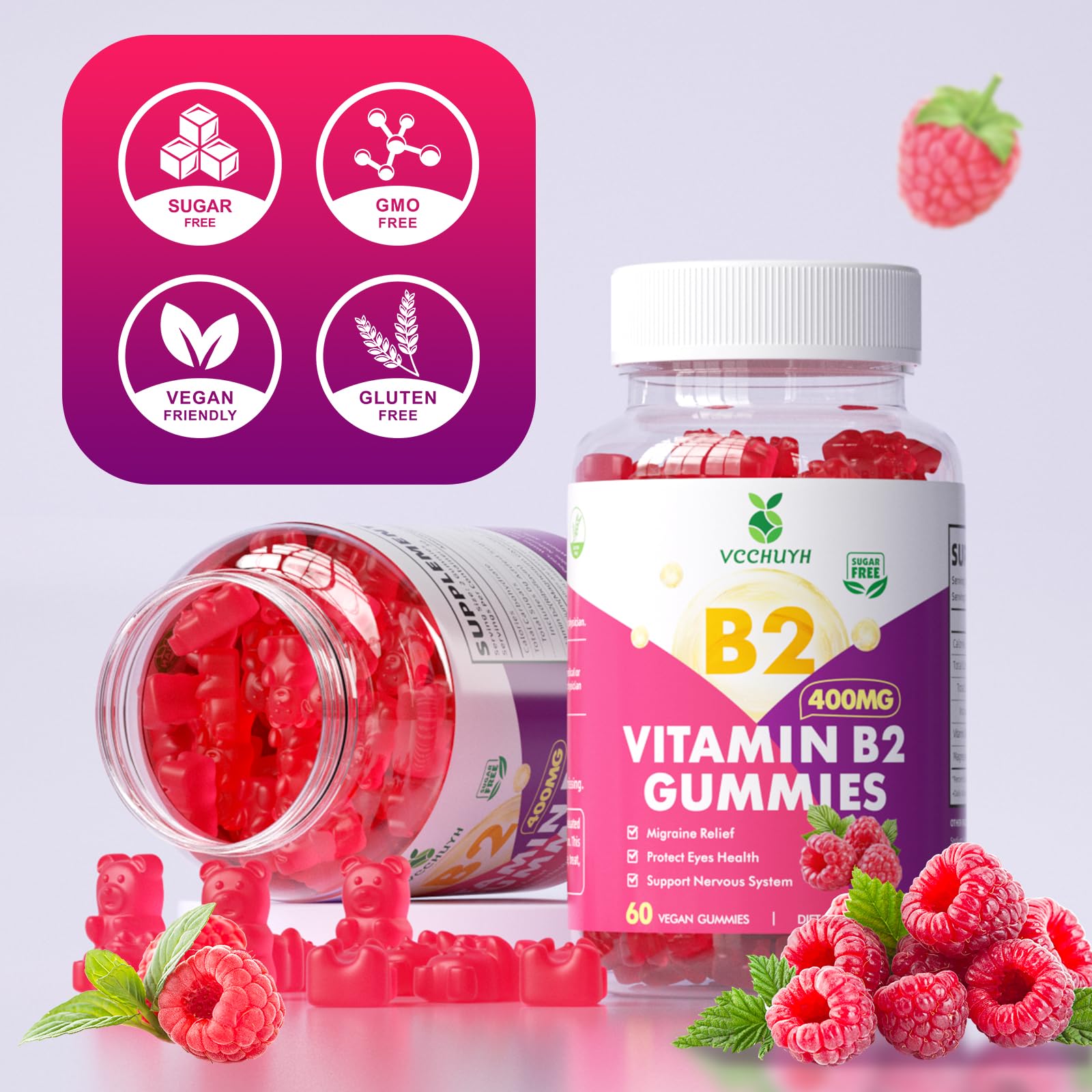 VCCHUYH Vitamin B2 Gummies Raspberry bottle beside morning routine items for quick use