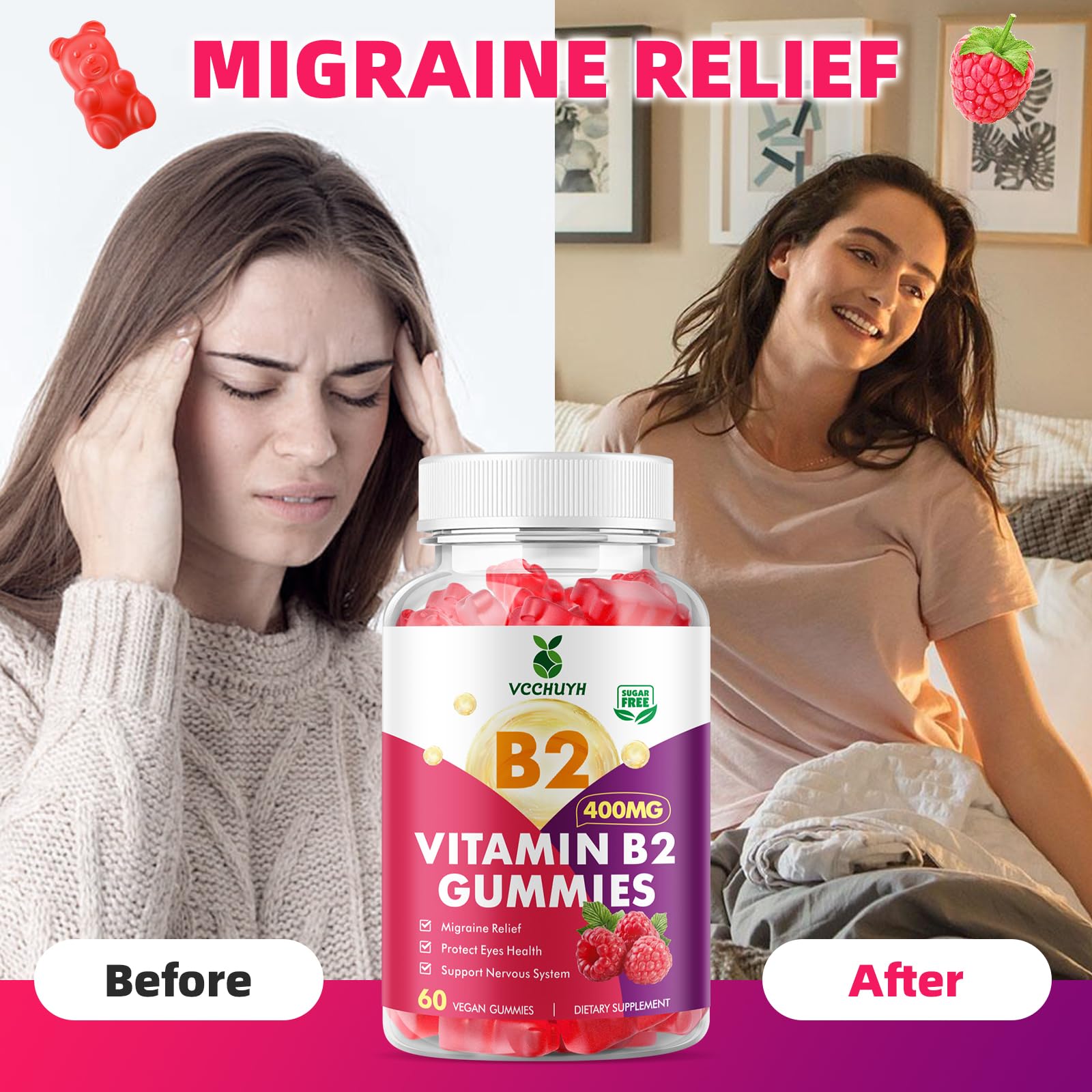 VCCHUYH Vitamin B2 Gummies Raspberry serving on a table for daily use