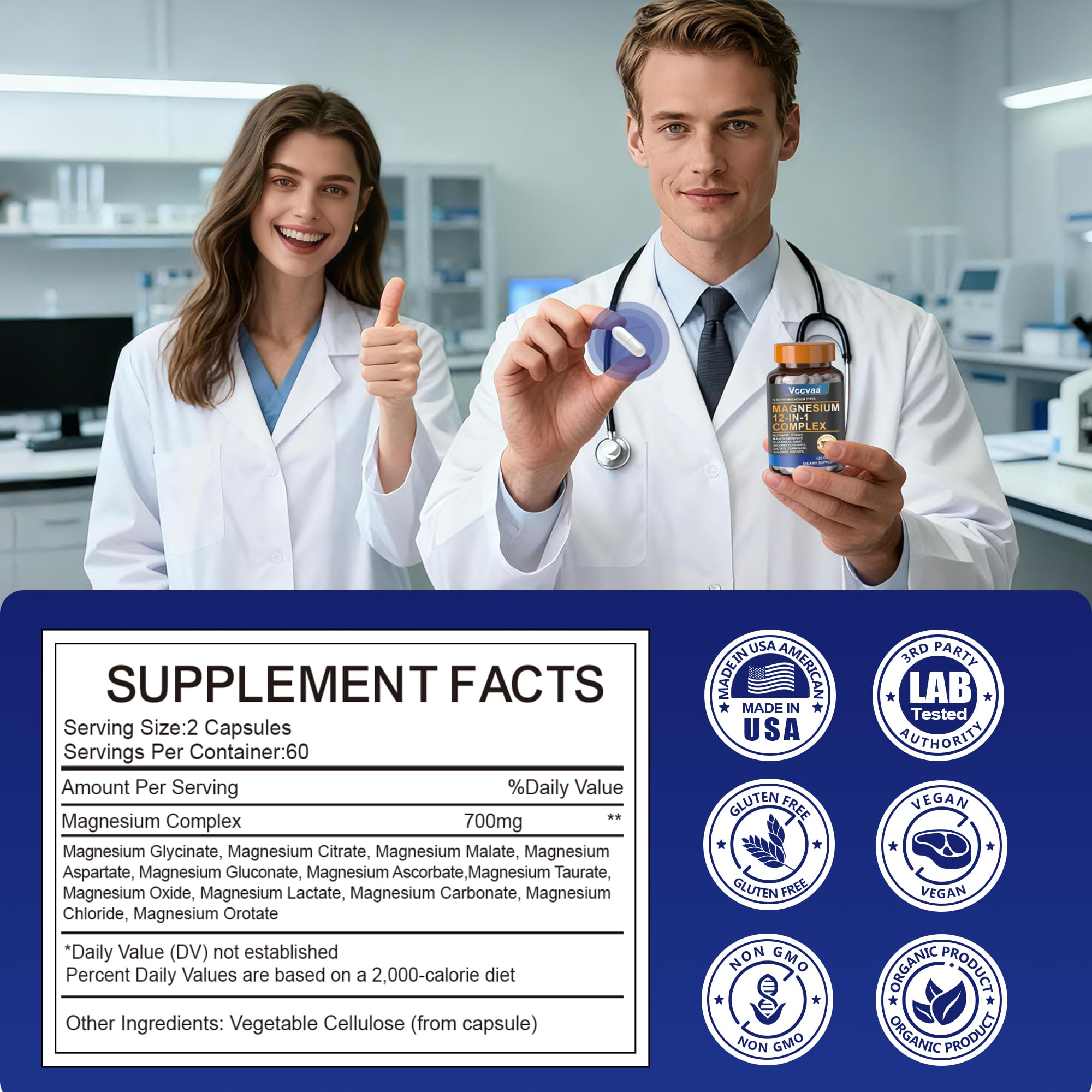 GMP-certified facility badge near Vccvaa Magnesium Complex emphasizing quality.