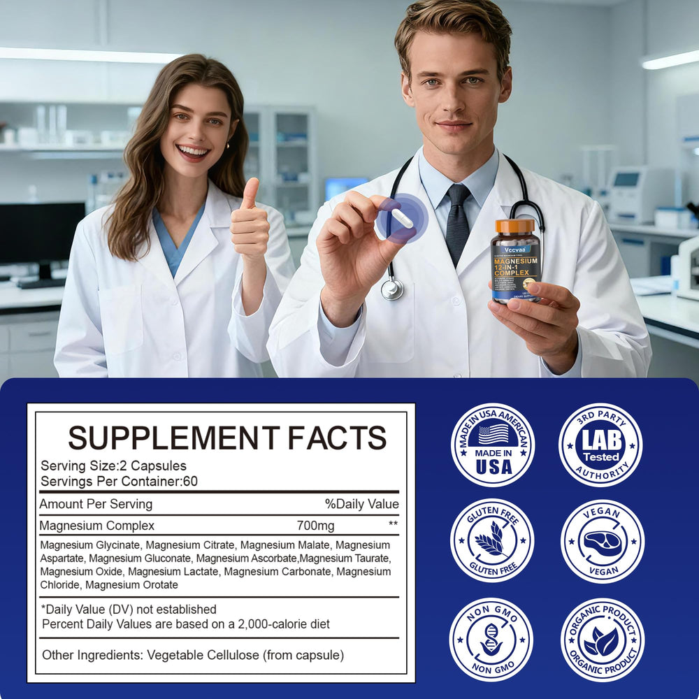 GMP-certified facility badge near Vccvaa Magnesium Complex emphasizing quality.