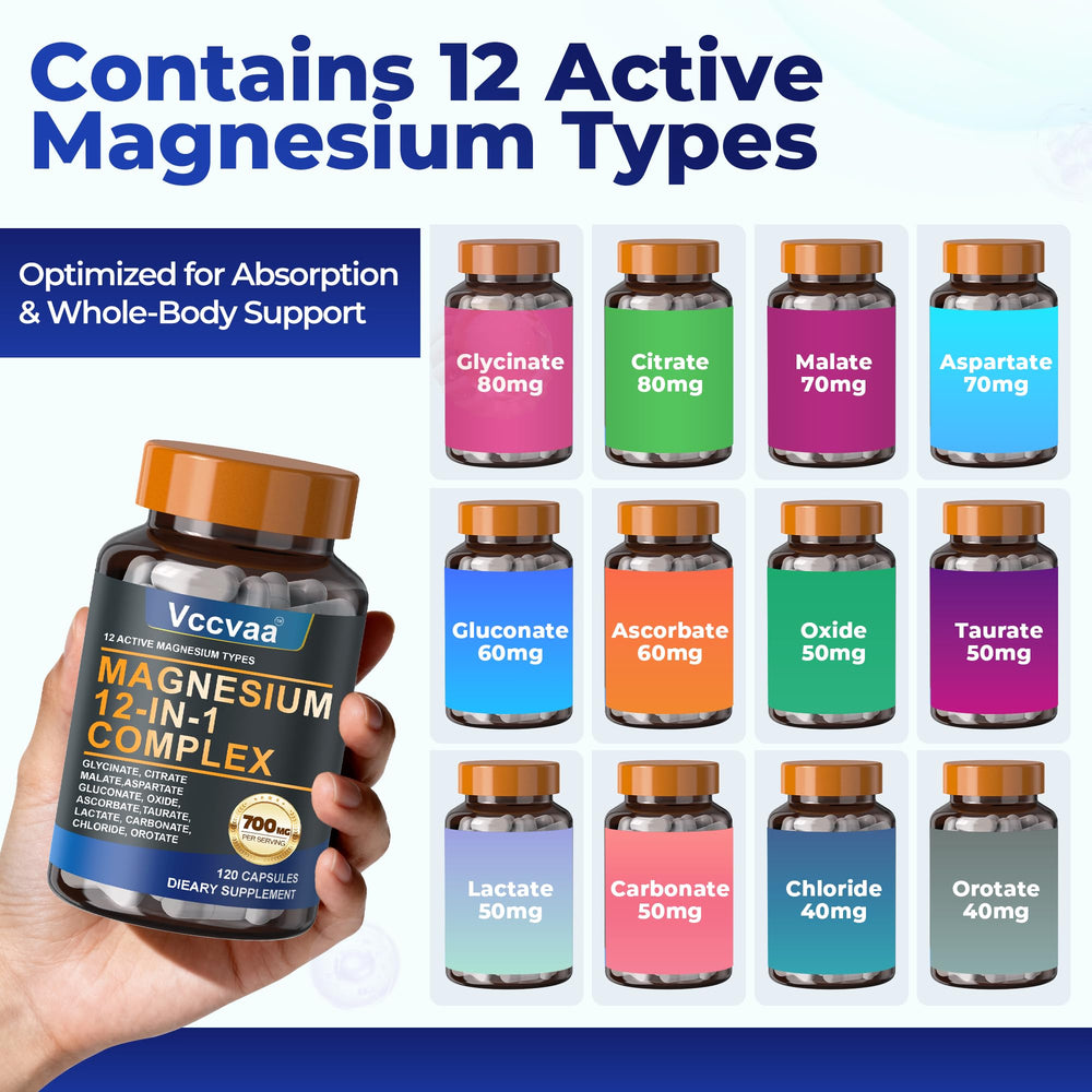 Vccvaa Magnesium Complex label highlighting vegan, non-GMO ingredients for clean daily use.