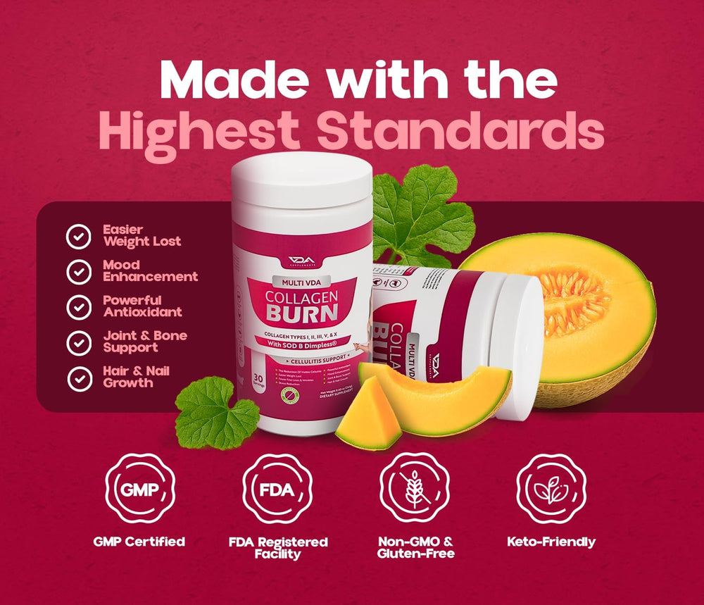 VDA Collagen Burn label area communicates caffeine-free and keto-friendly traits
