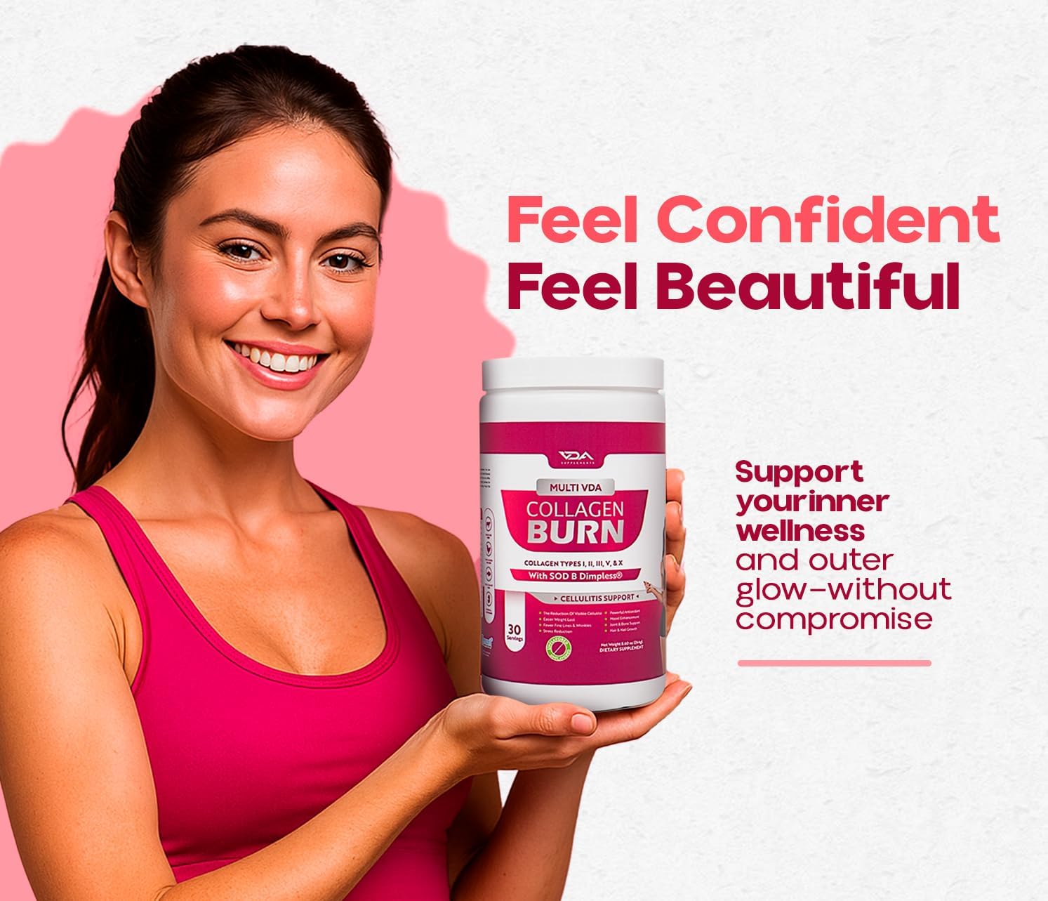 VDA Collagen Burn packaging highlights 244.6 g container and 30 servings