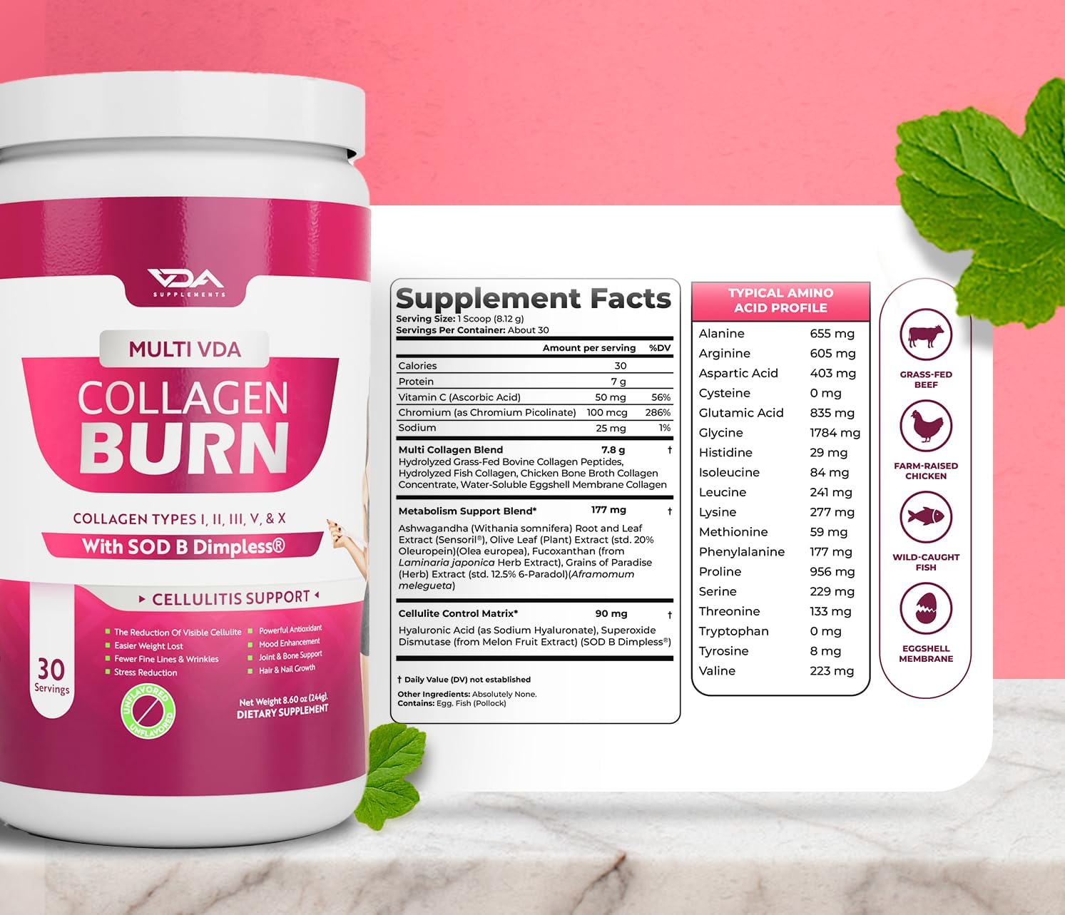 VDA Collagen Burn serving image demonstrates daily use with a scoop