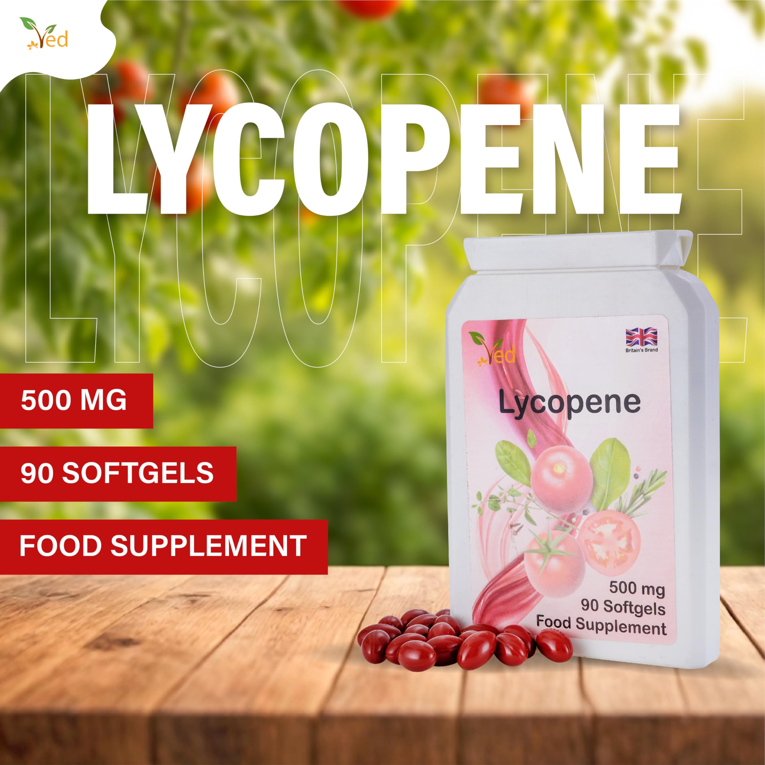 Ved Lycopene 500 mg softgel capsules close-up highlighting easy-to-swallow design