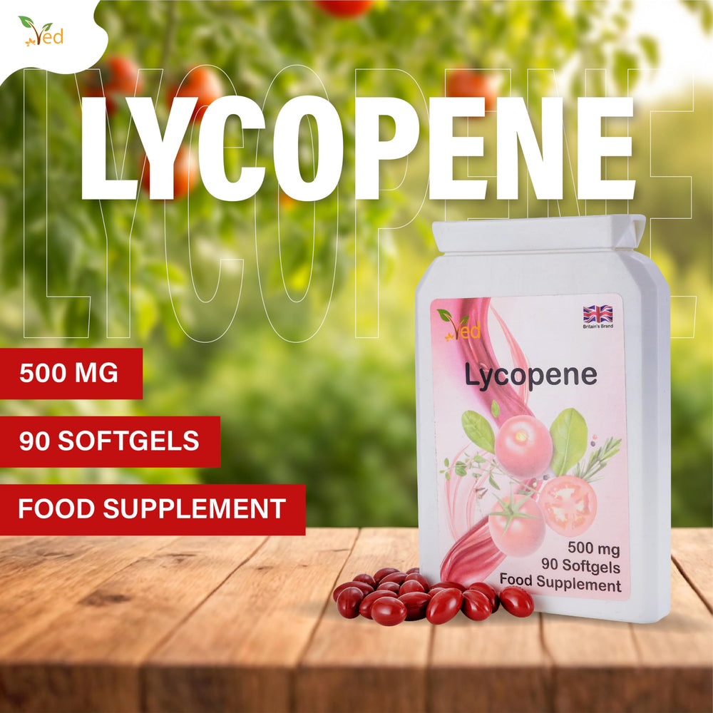 Ved Lycopene 500 mg softgel capsules close-up highlighting easy-to-swallow design