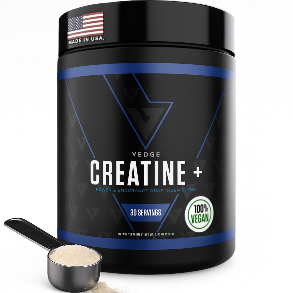 VEDGE Creatine+ powder jar for steady energy during workouts
