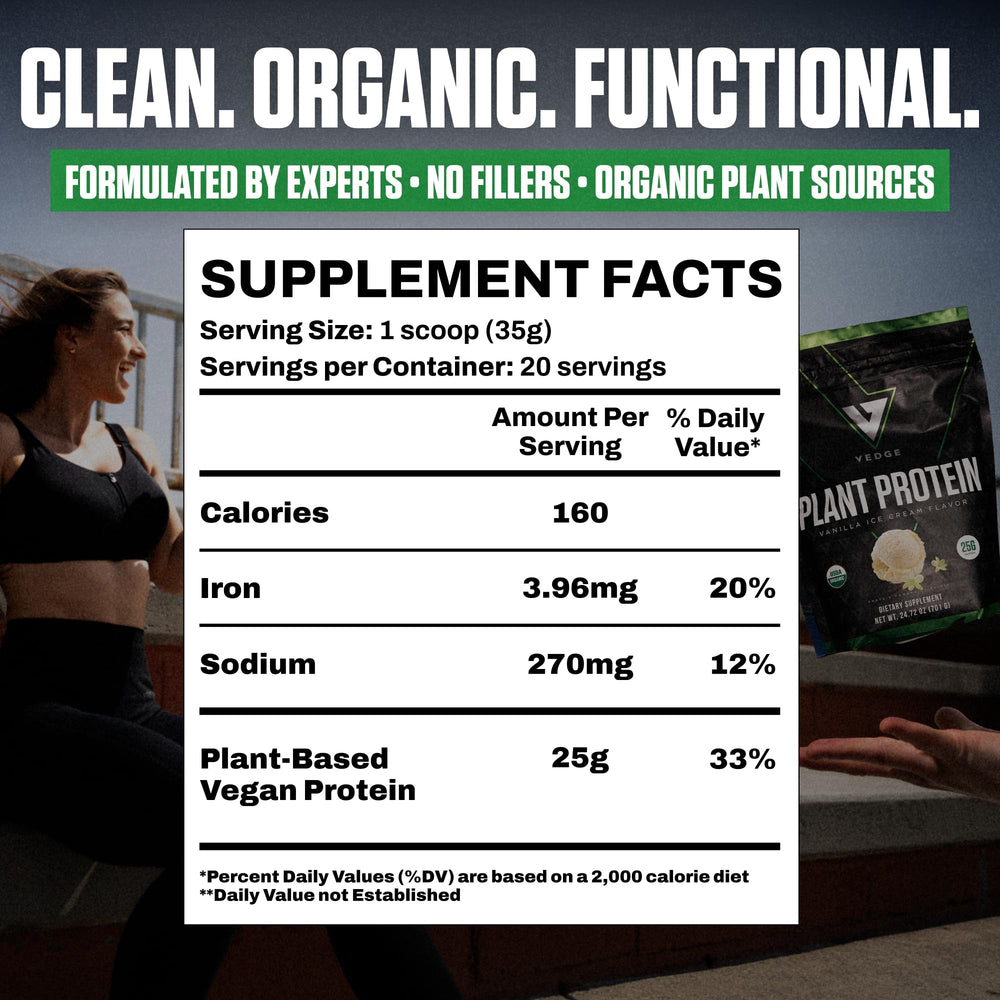 VEDGE organic USDA label closeup signals trusted, additive-free protein powder.