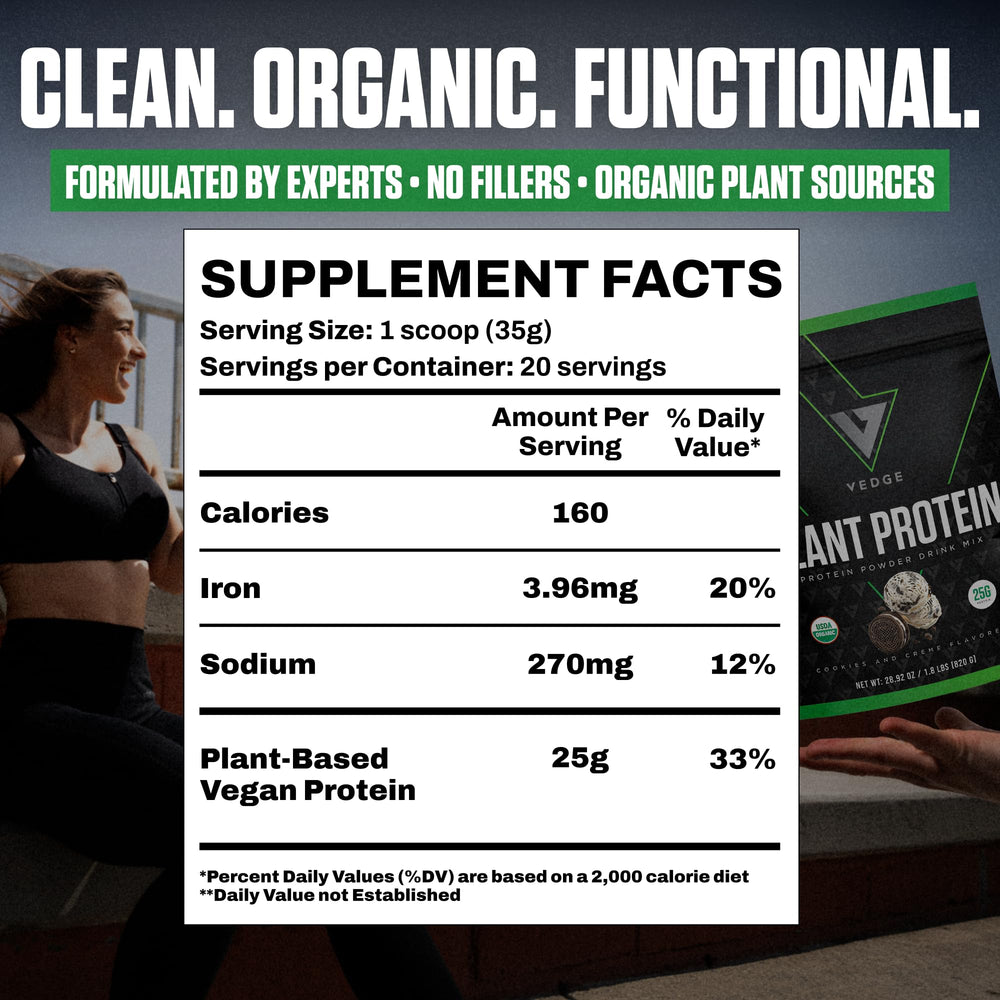 VEDGE vegan protein powder scoop showing 25 g protein per serving
