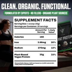 VEDGE vegan protein powder scoop showing 25 g protein per serving